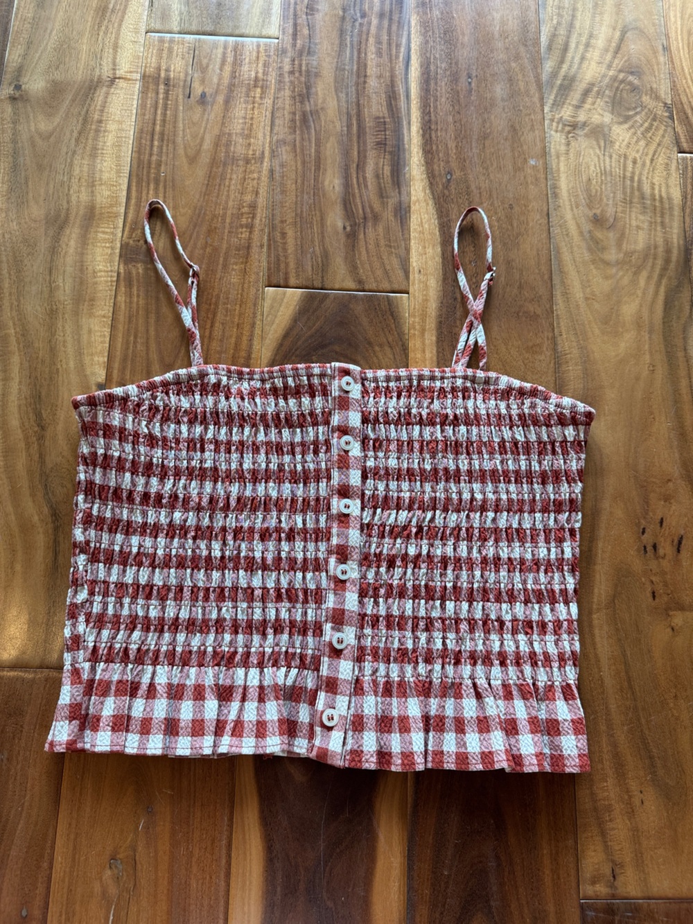 Zara Red and White Gingham Smocked Button-Front Cami